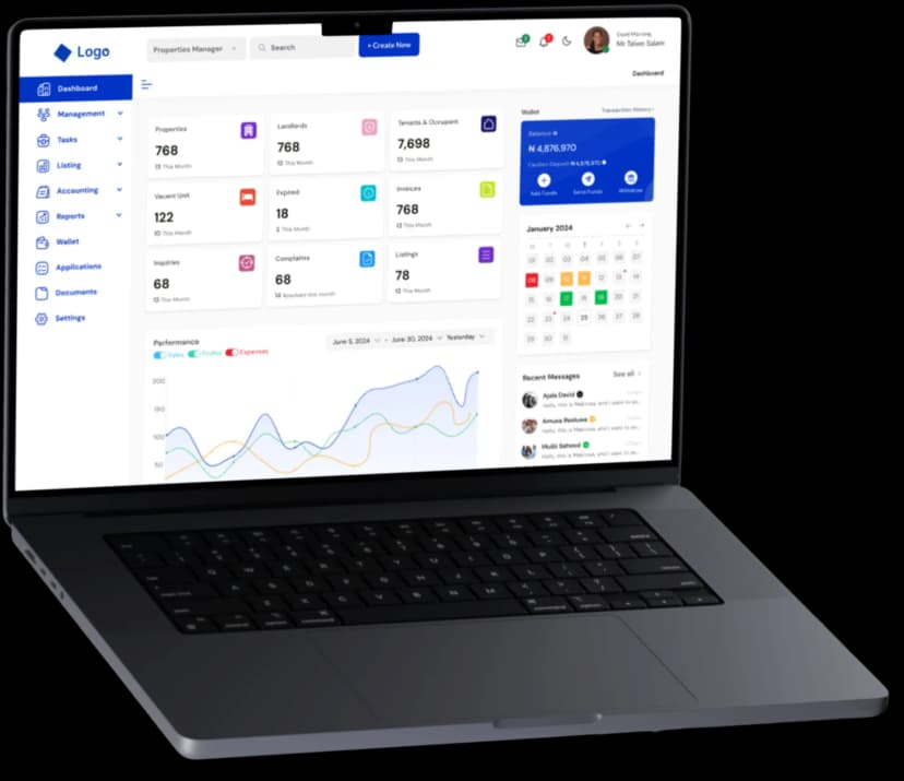 OurProperty NG property management software dashboard on laptop